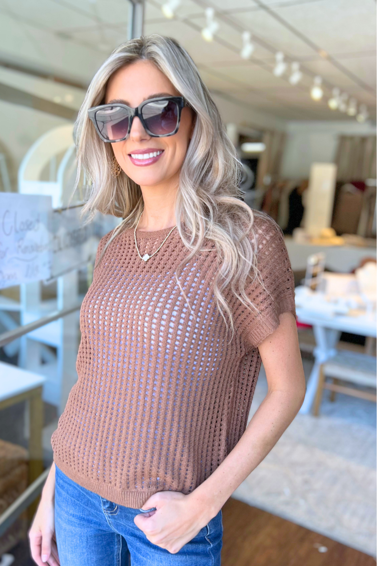 ZENANA 42 - Crochet Knit Sheer Hollow Sweater