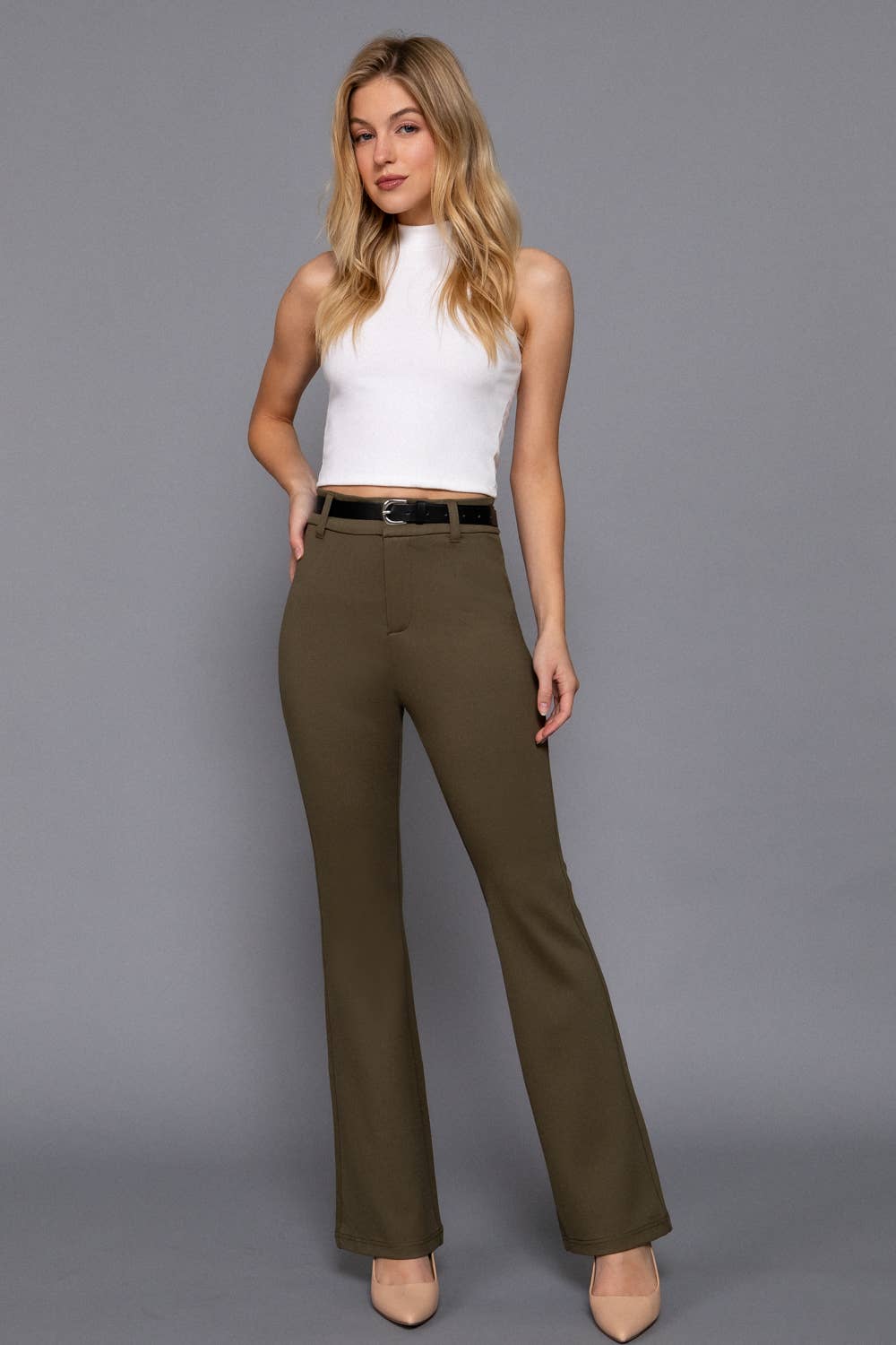 Active Basic | Active USA - Semi Flare Ponte Pants with Leather Belt