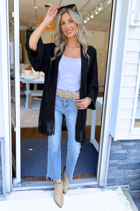 Fringe Trim Crochet Draped Shawl Wrap Cardigan, Black (SHIPS IN 1-2 WEEKS)