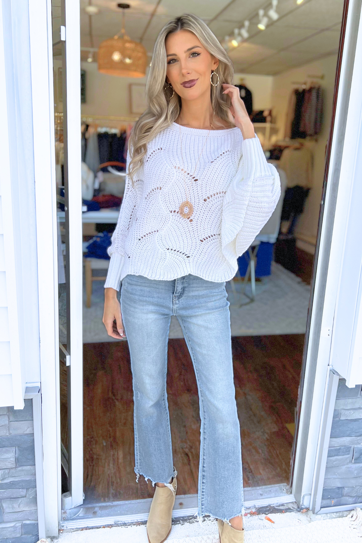 Open Knit Loose Knit Dolman Sweater, White  (SHIPS IN 1-2 WEEKS)