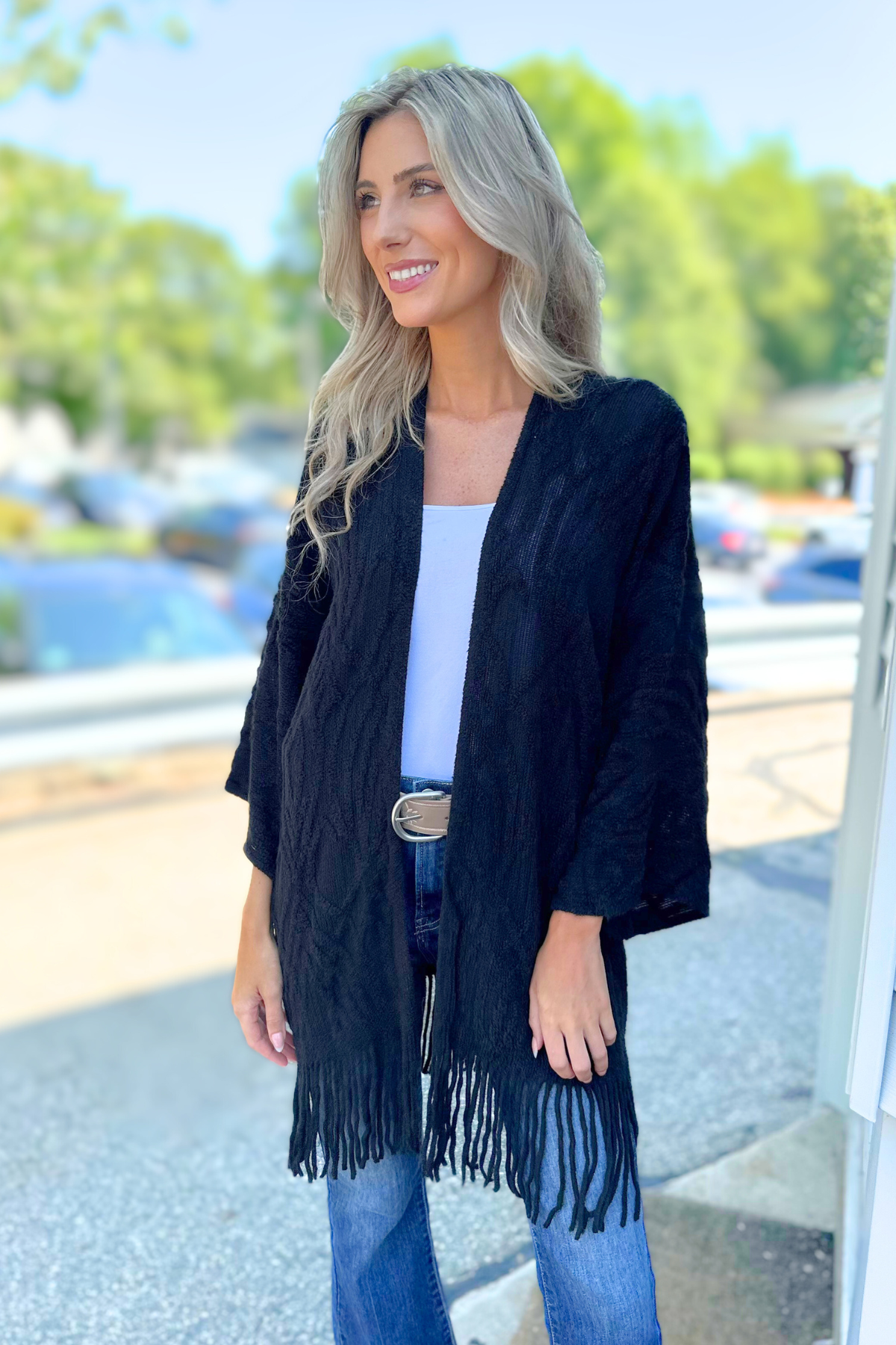 Fringe Trim Crochet Draped Shawl Wrap Cardigan, Black (SHIPS IN 1-2 WEEKS)