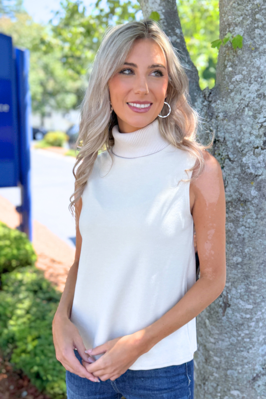 Active USA - Sleeveless Turtle Neck Soft Knit Top, Ivory (Ships in 1 week)