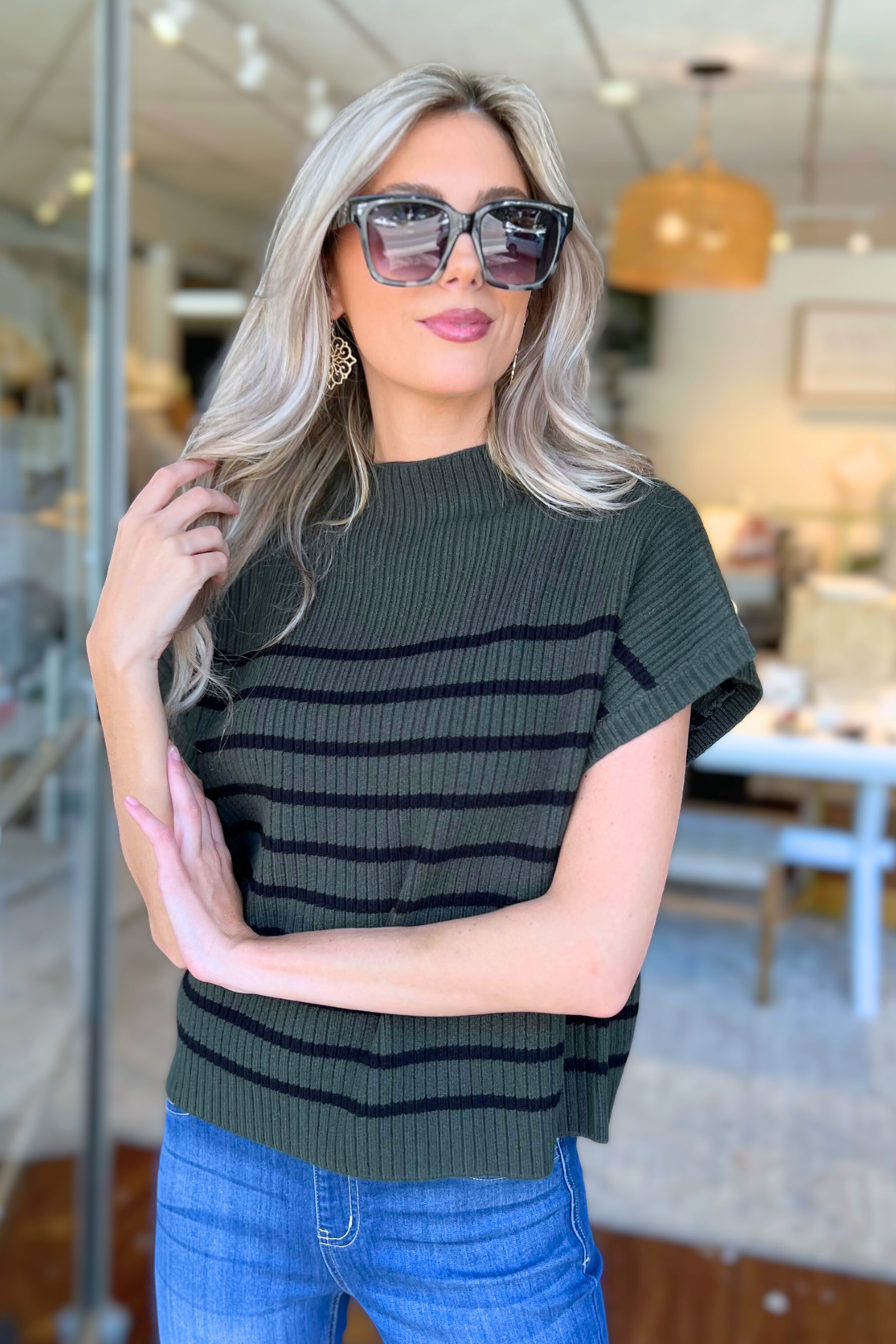 Blu Pepper - STRIPE MOCK NECK SHORT SLEEVE KNIT SWEATER