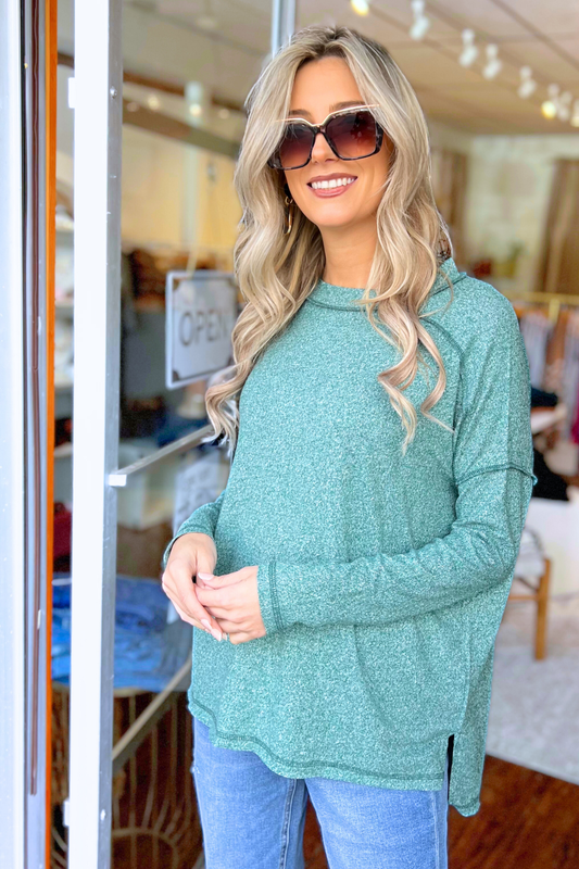 Soft Melange Hacci Exposed Seam Top, Green  (SHIPS IN 2-3 WEEKS)
