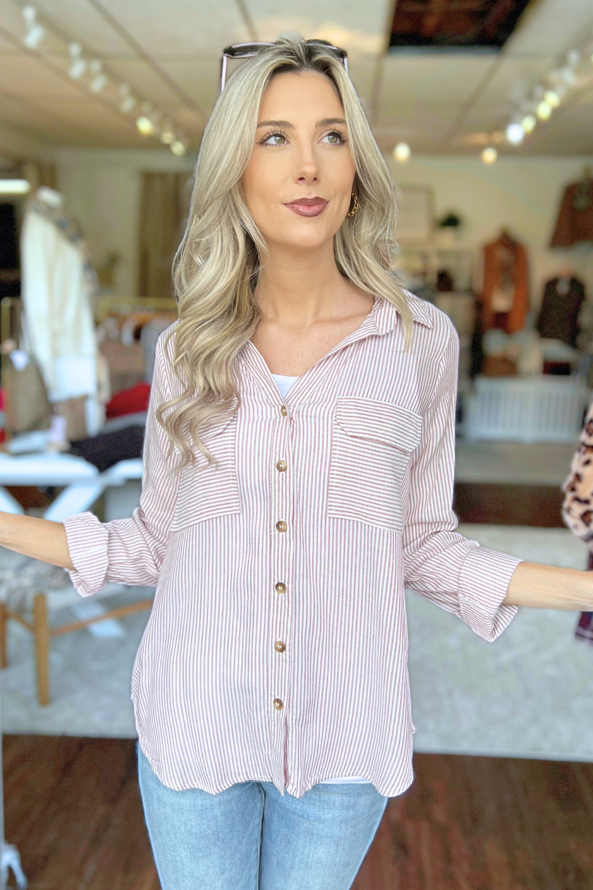 Blu Pepper - STRIPED COLLARED BUTTON DOWN WITH POCKETS, BURGUNDY  (SHIPS IN 2-3 WEEKS)