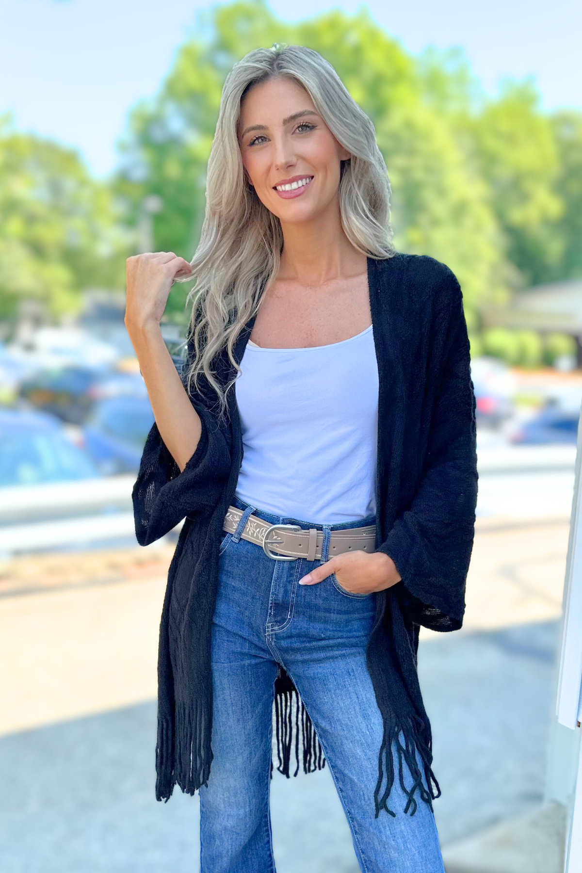 Fringe Trim Crochet Draped Shawl Wrap Cardigan, Black (SHIPS IN 1-2 WEEKS)