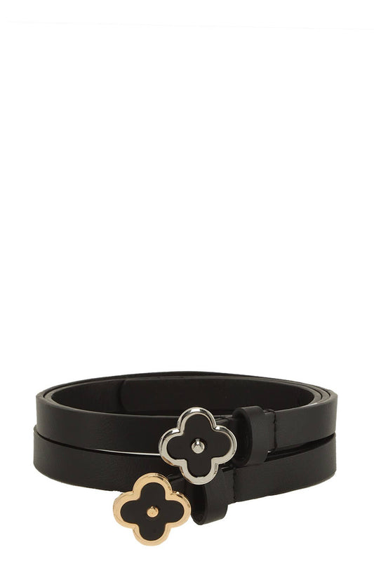 anbfashion - Duo Slim Simple Chic Clover Flower Buckle Leather Belt Set