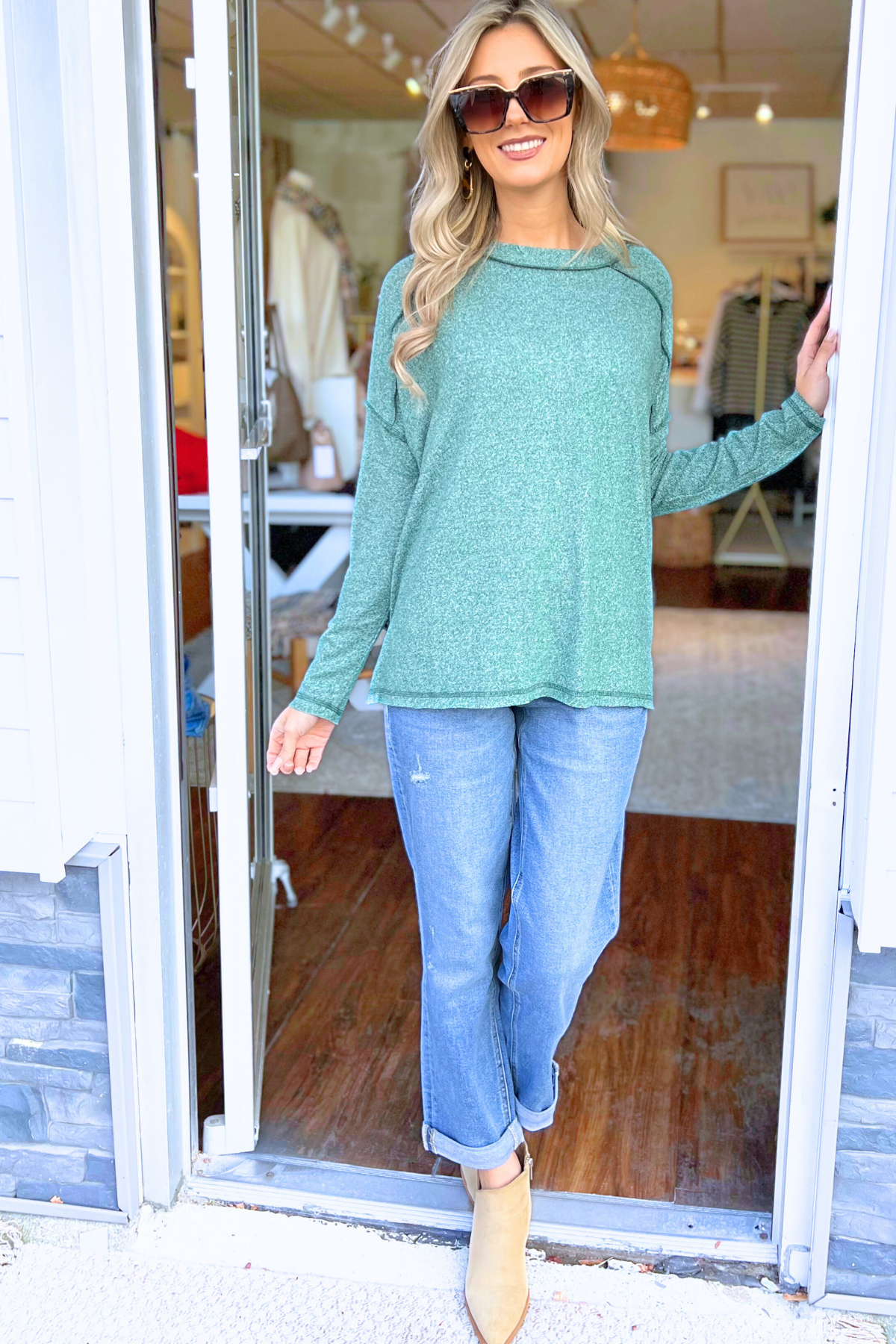 Soft Melange Hacci Exposed Seam Top, Green  (SHIPS IN 2-3 WEEKS)