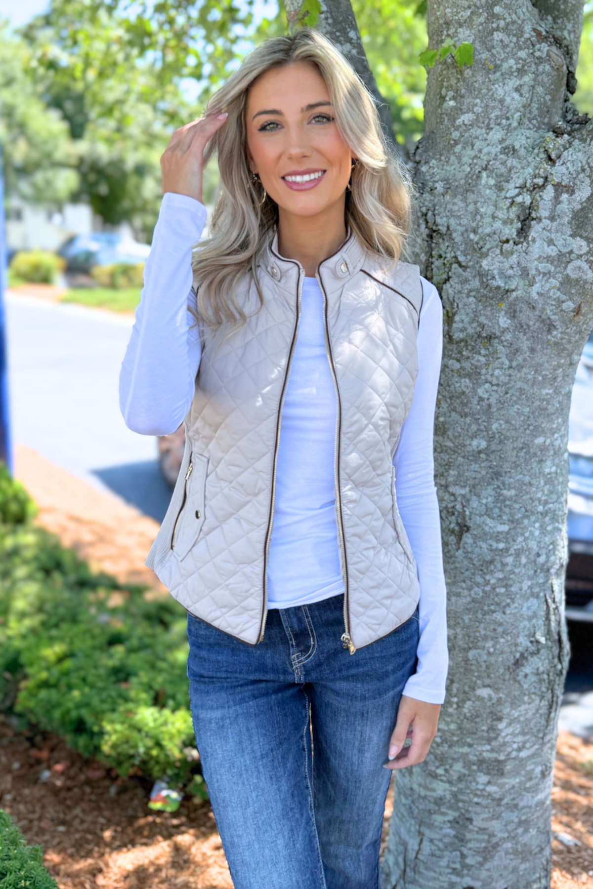 Active Basic | Active USA - Suede Piping Detail Rib Quilted Padding Vest (Ships in 1 week)