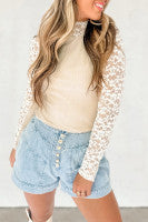 Floral Lace Patchwork Long Sleeve High Neck Top, Beige