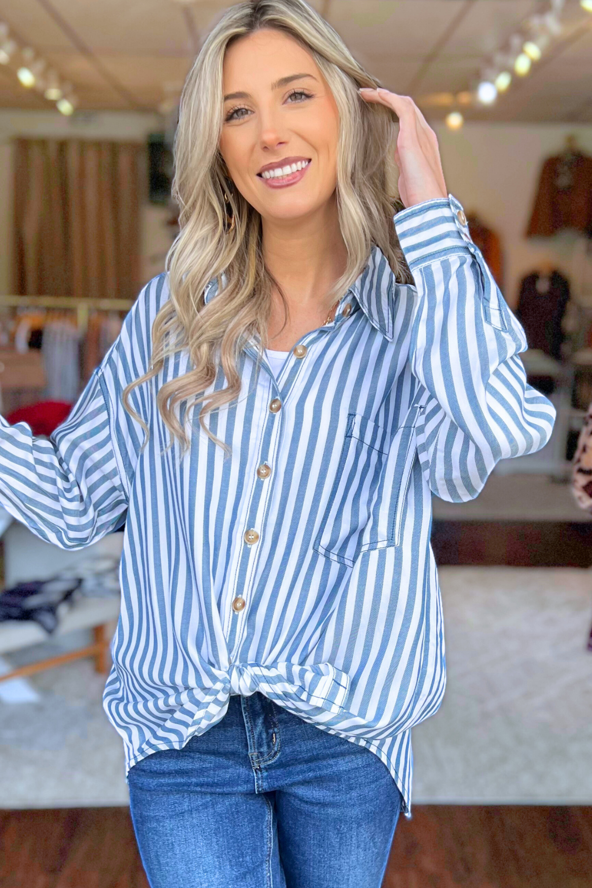 Blu Pepper - STRIPE COLLARED BUTTON DOWN LONG SLEEVE SHIRT