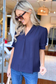Solid V Neck Shirred Cuff Sleeve Loose Blouse, NAVY (SHIPS IN 2-3 WEEKS)