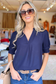 Solid V Neck Shirred Cuff Sleeve Loose Blouse, NAVY (SHIPS IN 2-3 WEEKS)