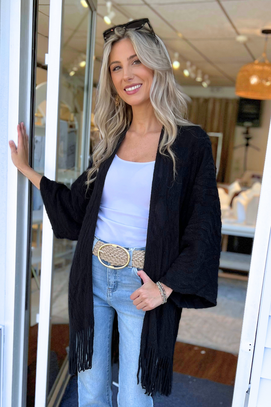 Fringe Trim Crochet Draped Shawl Wrap Cardigan, Black (SHIPS IN 1-2 WEEKS)