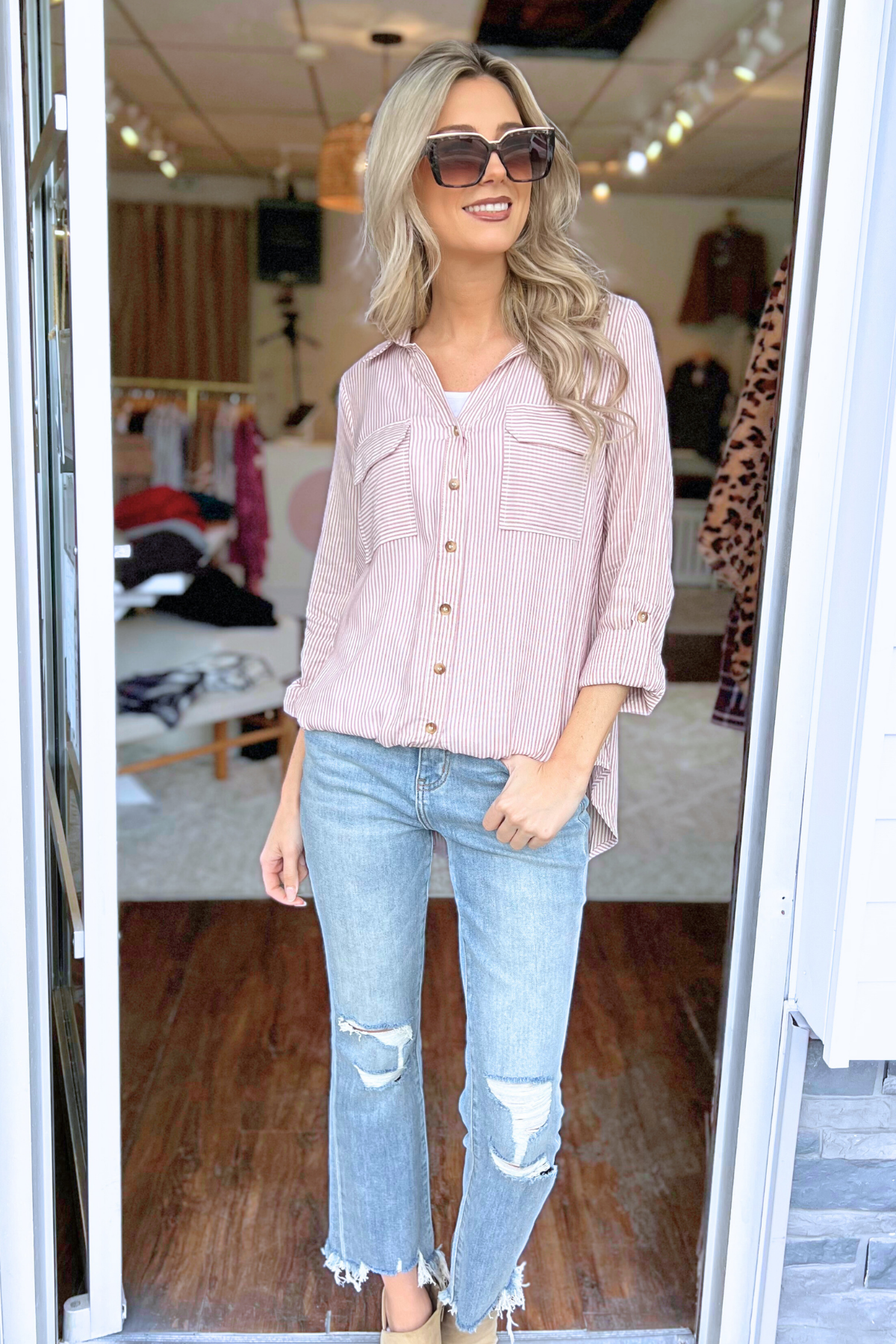 Blu Pepper - STRIPED COLLARED BUTTON DOWN WITH POCKETS, BURGUNDY  (SHIPS IN 2-3 WEEKS)