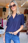 Solid V Neck Shirred Cuff Sleeve Loose Blouse, NAVY (SHIPS IN 2-3 WEEKS)