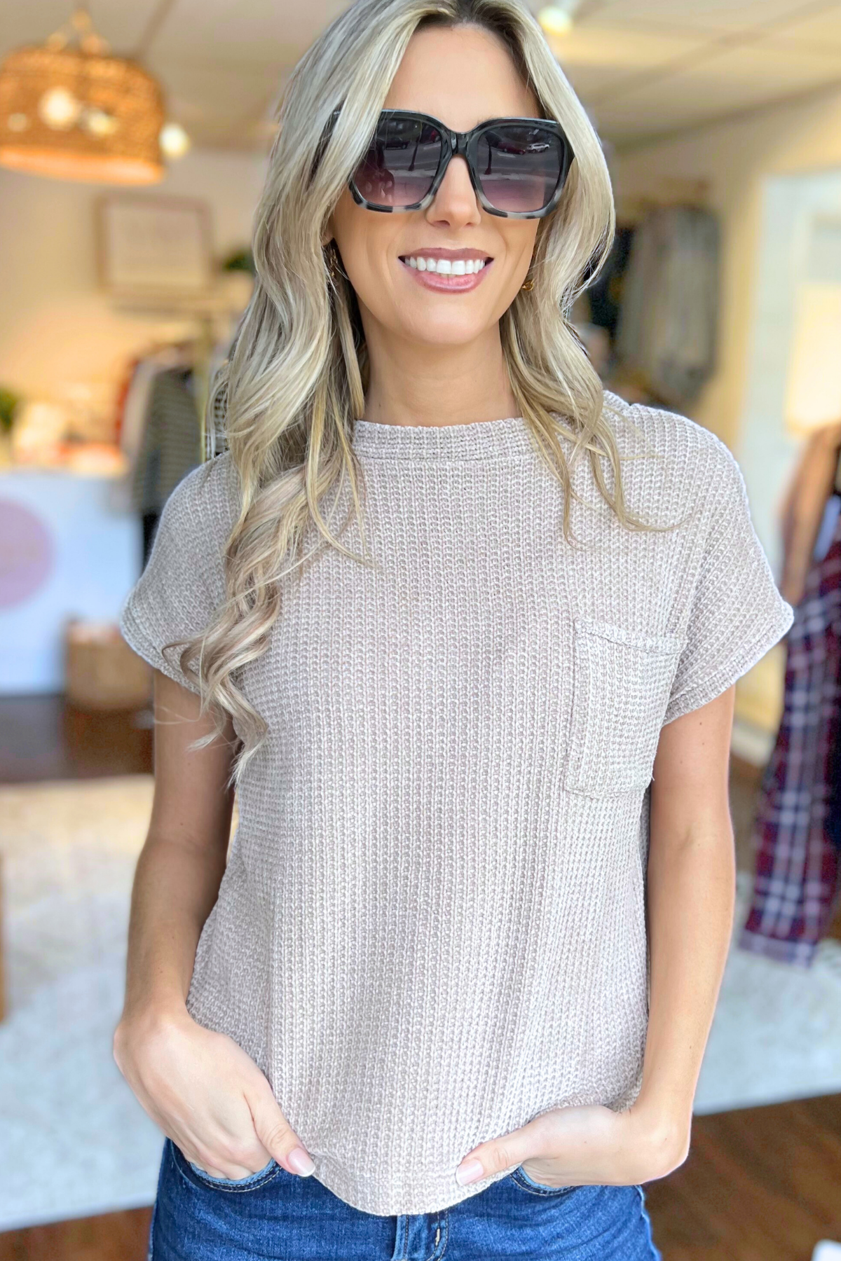 Chenille Waffle Short Sleeve Sweater, Ash Mocha (SHIPS IN 2-3 WEEKS)