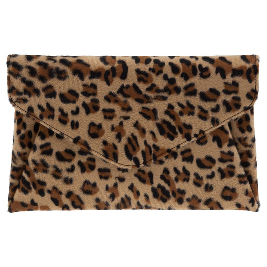 JNBFASHION.COM - Faux Fur Leopard Print Double Pocket Clutch