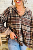 Plaid Patchwork Long Sleeve Button Hooded Top, Browns