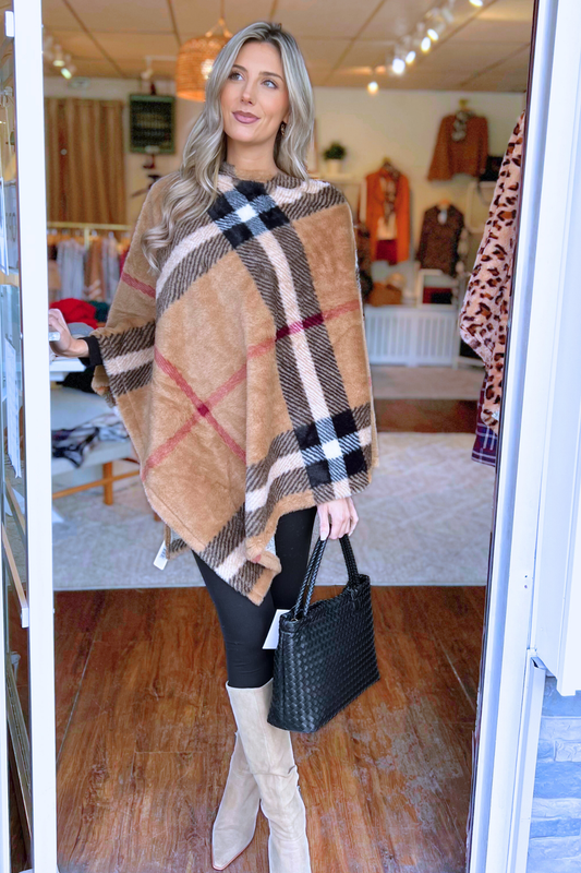 Faux Fur Plaid Pattern Poncho Wrap