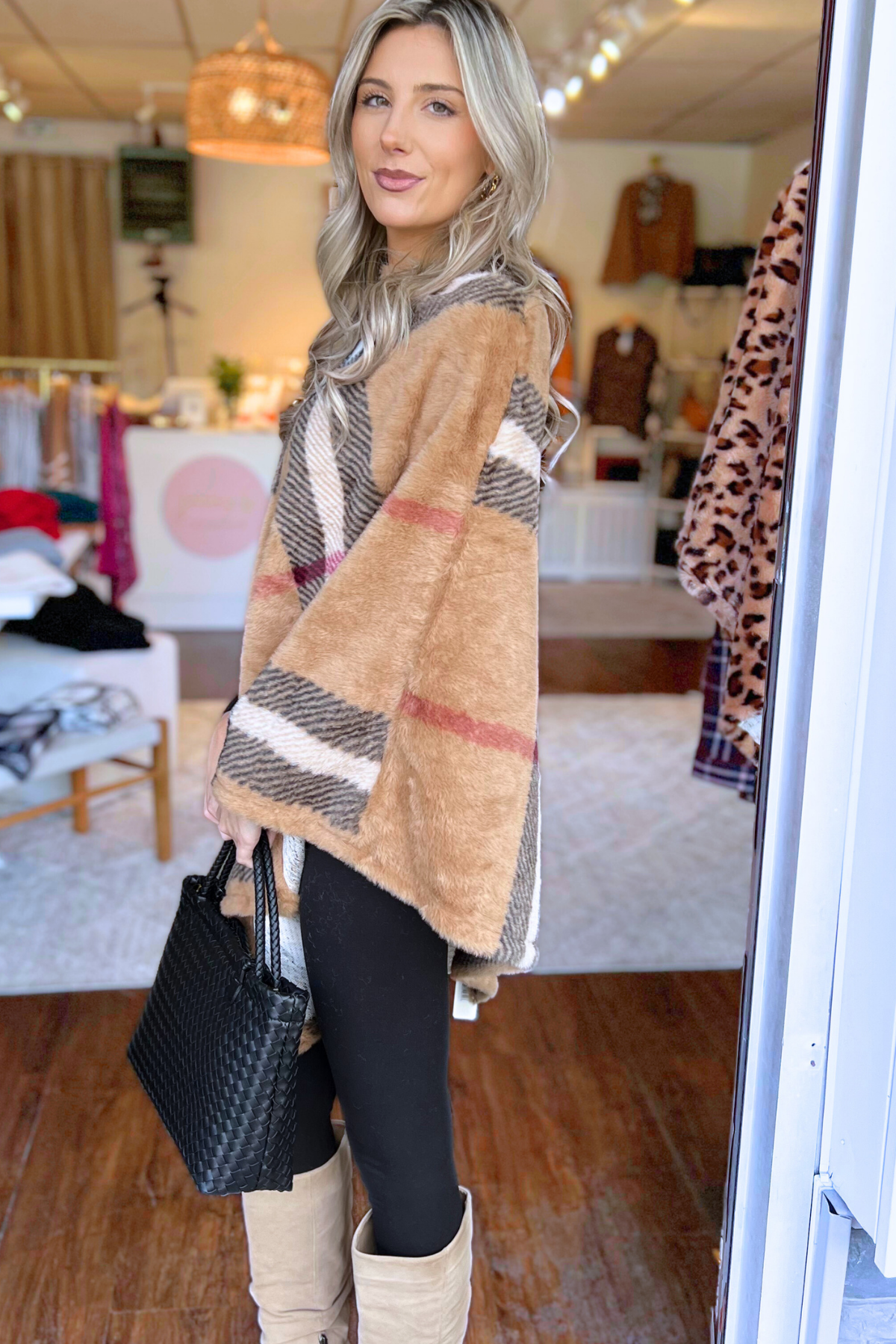 Faux Fur Plaid Pattern Poncho Wrap
