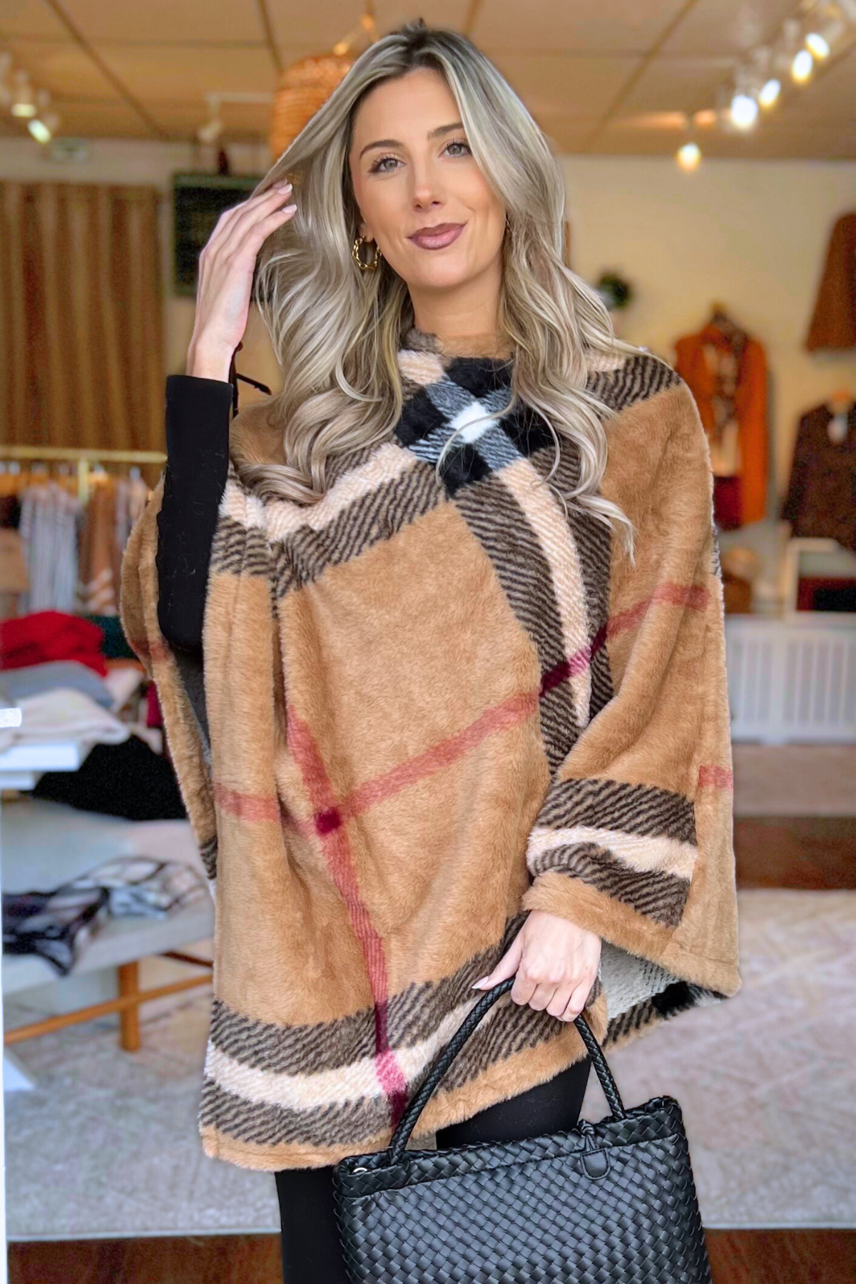 Faux Fur Plaid Pattern Poncho Wrap