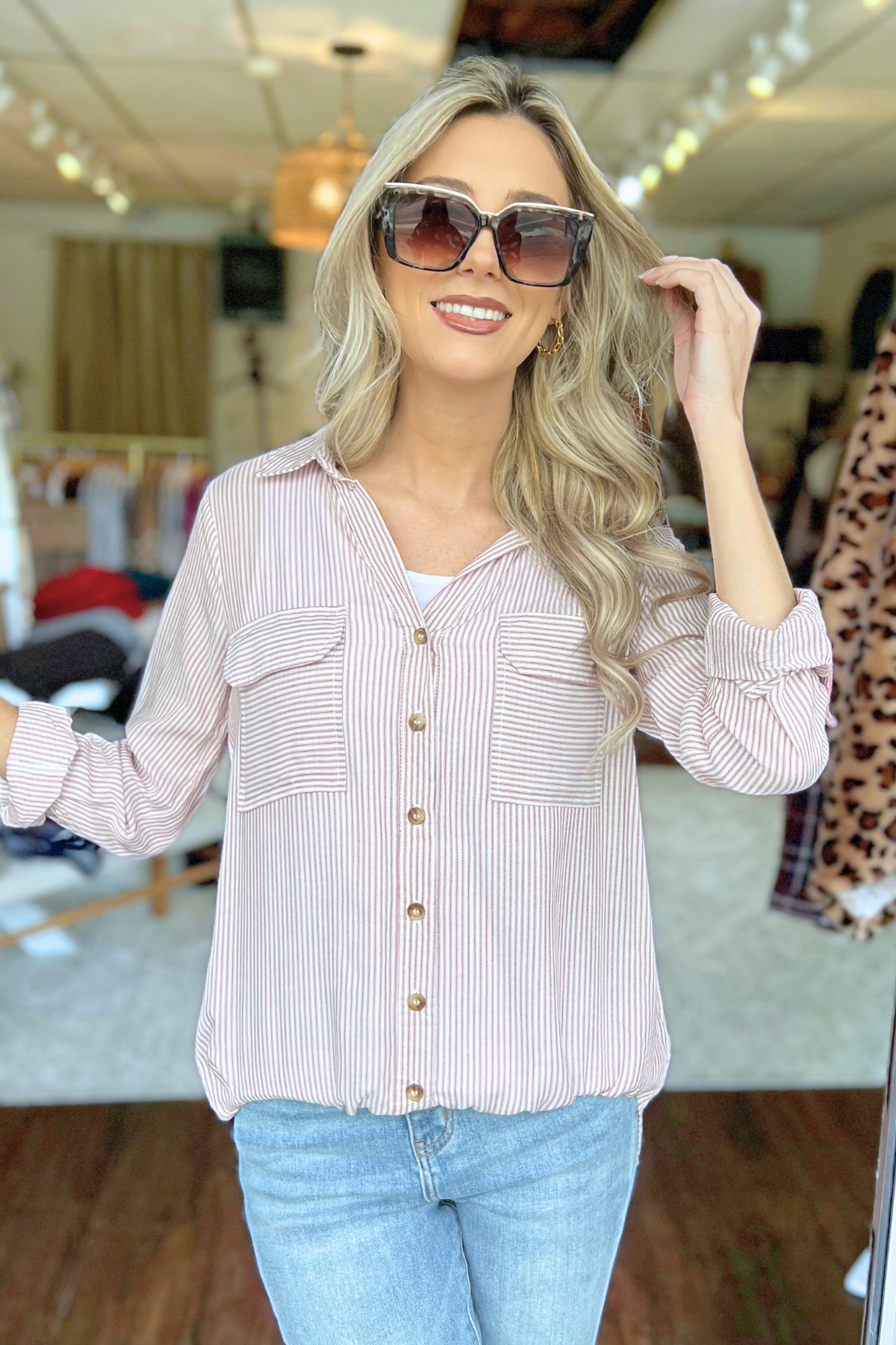 Blu Pepper - STRIPED COLLARED BUTTON DOWN WITH POCKETS, BURGUNDY  (SHIPS IN 2-3 WEEKS)