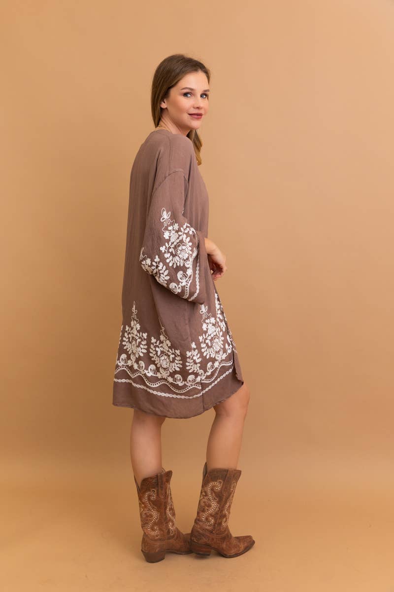 Leto Accessories - Embroidered Floral Vine Lightweight Kimono - Bell Sleeves