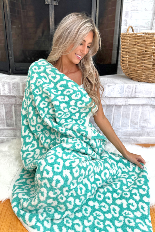 Comfy Luxe Solid Knit Blanket, OG Leo Print, Mint (SHIPS IN 1-2 WEEKS)