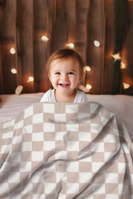 Comfy Luxe Children's Knit Blanket, Checkered, Beige (SHIPS IN 1-2 WEEKS)