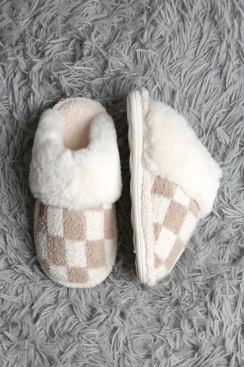 Comfy Luxe, Faux Fur Luxe Soft Mule Slipper, Checks, Beige (SHIPS IN 1-2 WEEKS)