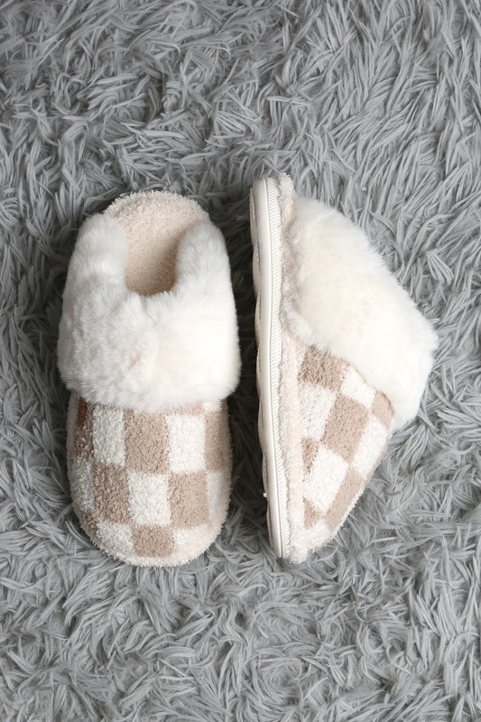 Comfy Luxe, Faux Fur Luxe Soft Mule Slipper, Checks, Beige (SHIPS IN 1-2 WEEKS)