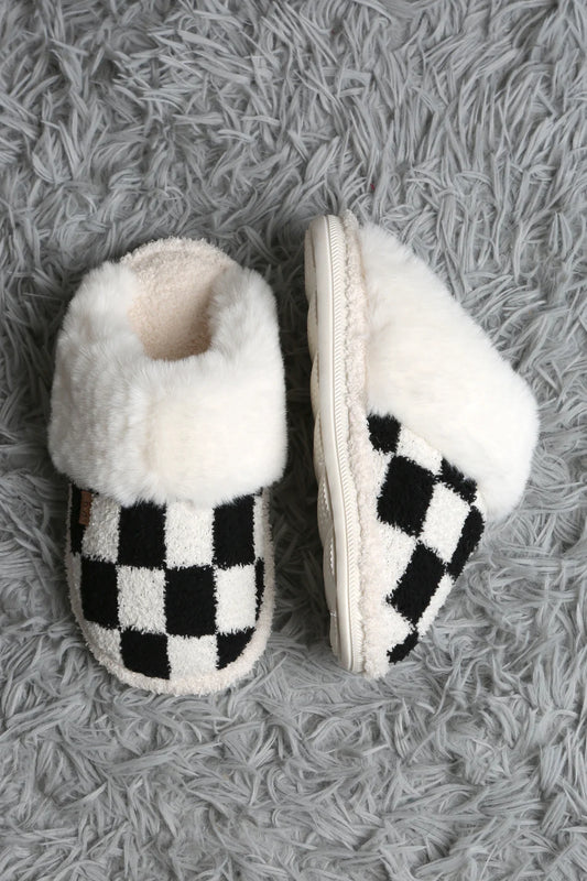 Comfy Luxe, Faux Fur Luxe Soft Mule Slipper, Checks, Black (SHIPS IN 1-2 WEEKS)