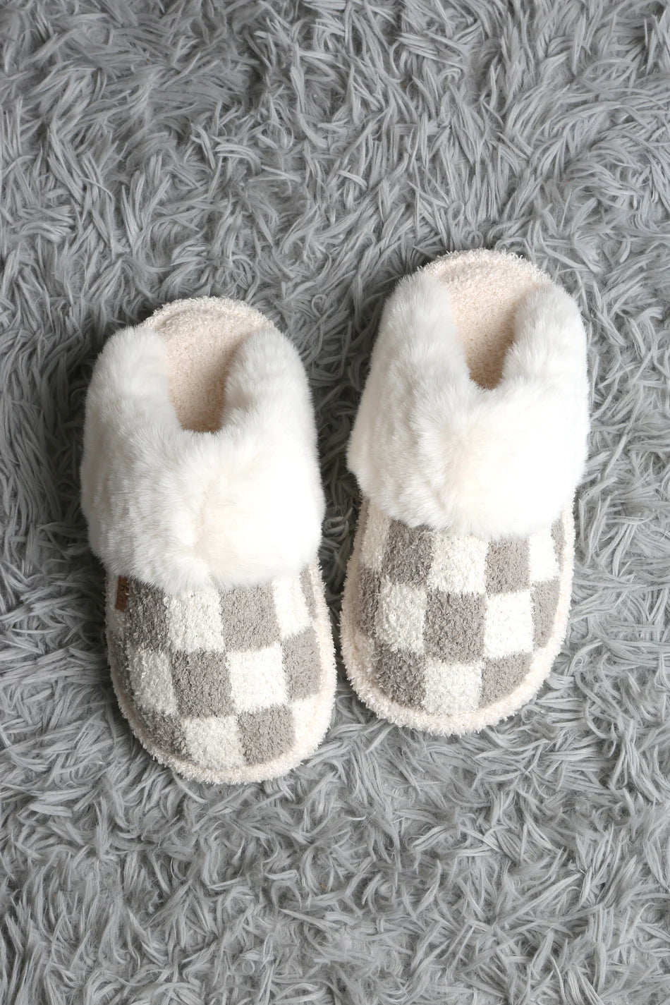 Comfy Luxe, Faux Fur Luxe Soft Mule Slipper, Checks, Grey (SHIPS IN 1-2 WEEKS)