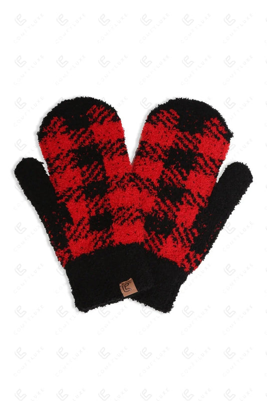 Comfy Luxe Buff Check Mittens, Red or White