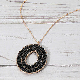 Beaded Oval Pendant Long Necklace, Black