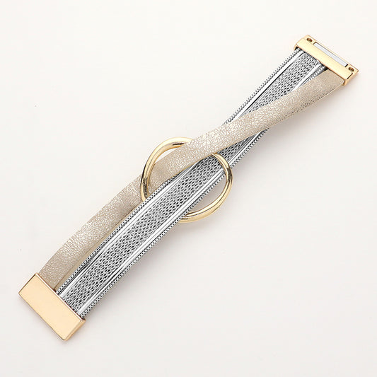 Leather Wrap Open Circle Magnetic Bracelet, Two Tone