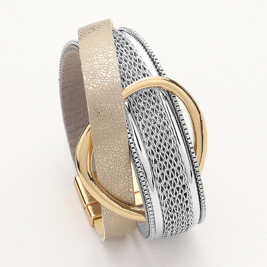 Leather Wrap Open Circle Magnetic Bracelet, Two Tone