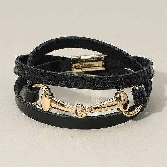 Horsebit Leather Wrap Magnetic Bracelet, Black (Silver or Gold)