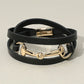 Horsebit Leather Wrap Magnetic Bracelet, Black (Silver or Gold)