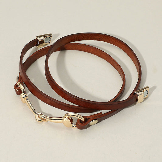 Horsebit Leather Wrap Magnetic Bracelet, Brown (Silver or Gold)
