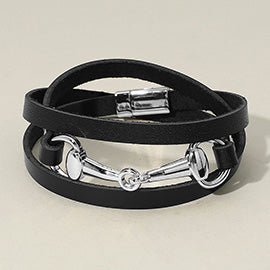 Horsebit Leather Wrap Magnetic Bracelet, Black (Silver or Gold)