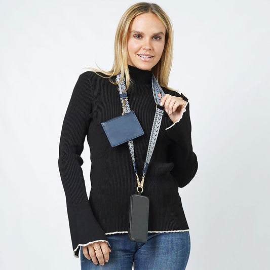 Chevron Clip and Go Carry Phone Strap with Pouch, Navy Chevron