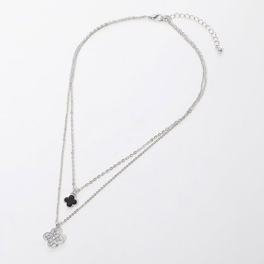 Sterling Silver Dipped CZ Accent Clover Pendant Layered Necklace, Black