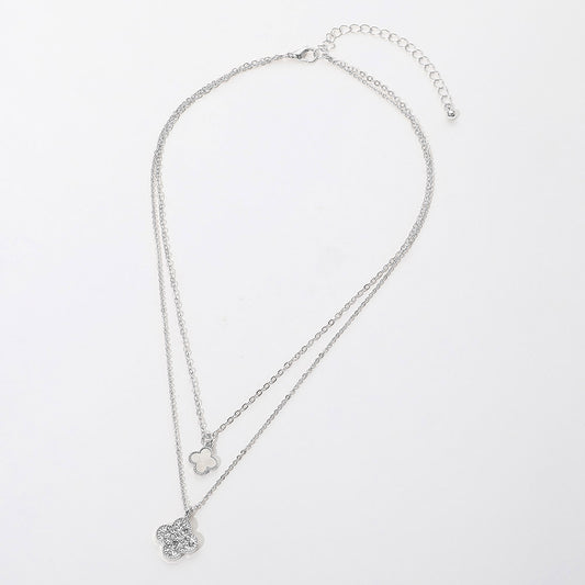 Sterling Silver Dipped CZ Accent Clover Pendant Layered Necklace, White