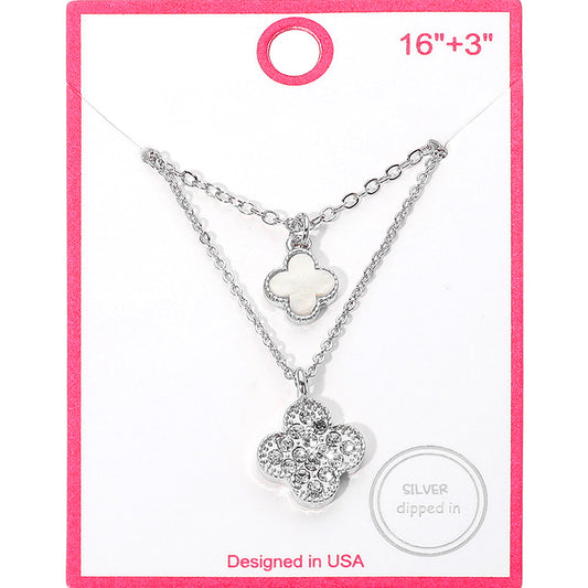 Sterling Silver Dipped CZ Accent Clover Pendant Layered Necklace, White