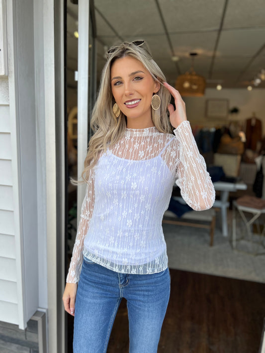 Floral Lace Patchwork Long Sleeve High Neck Top, White
