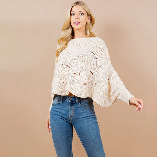 Open Knit Loose Knit Dolman Sweater, Beige  (SHIPS IN 1-2 WEEKS)