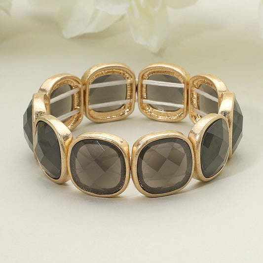 Rounded Square Faceted Gemstone Stretch Bracelet, Grey