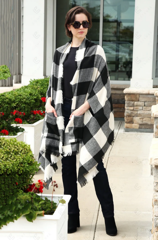 Check/Plaid Poncho Cape, White/Black